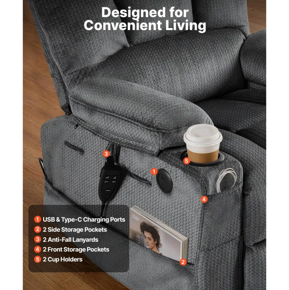 VEVOR Power Lift Recliner Chair, Dual Motor, Large Electric Lift Chair with Heat and Massage for Elderly, Infinite Position Adjustment, Velvet Fabric, with Storage Pockets, Cup Holders, Dark Gray