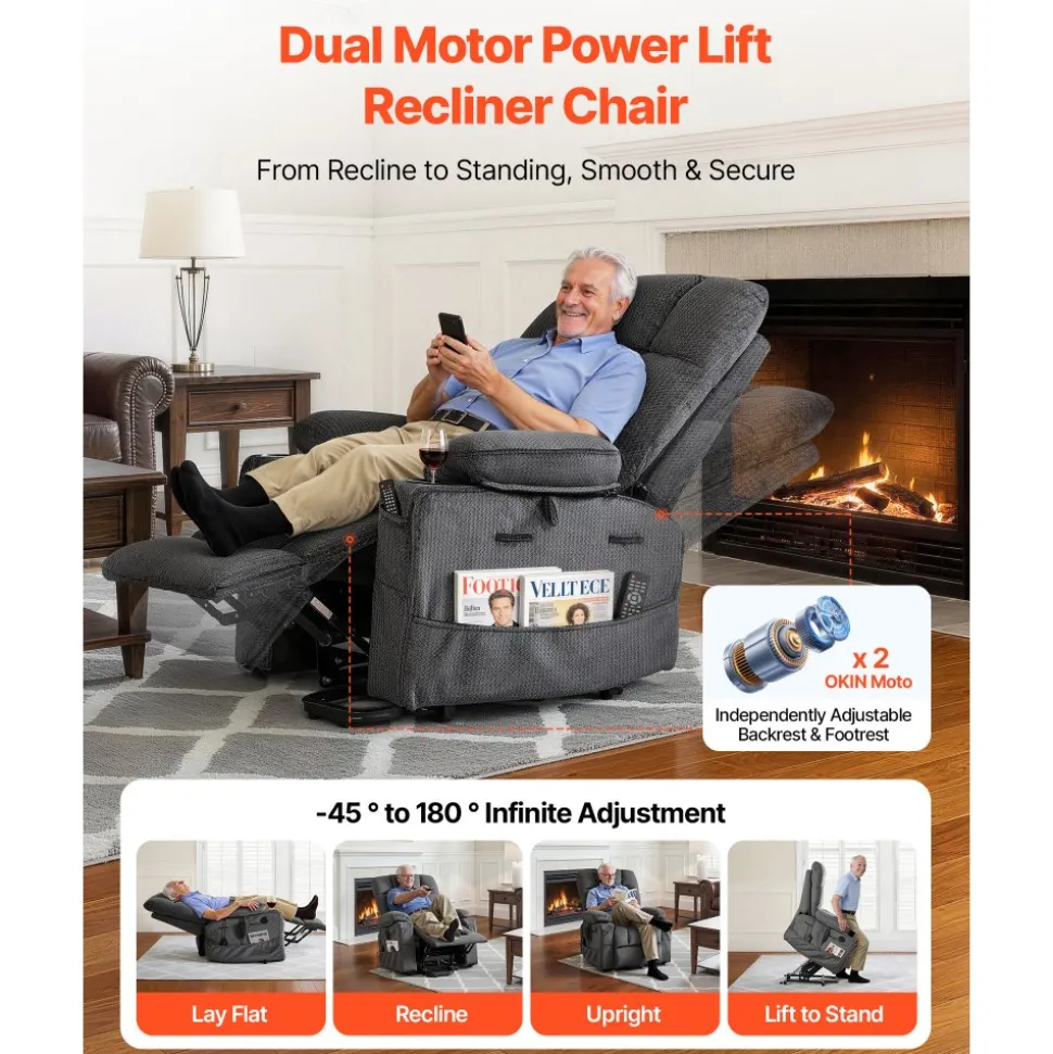 VEVOR Power Lift Recliner Chair, Dual Motor, Large Electric Lift Chair with Heat and Massage for Elderly, Infinite Position Adjustment, Velvet Fabric, with Storage Pockets, Cup Holders, Dark Gray