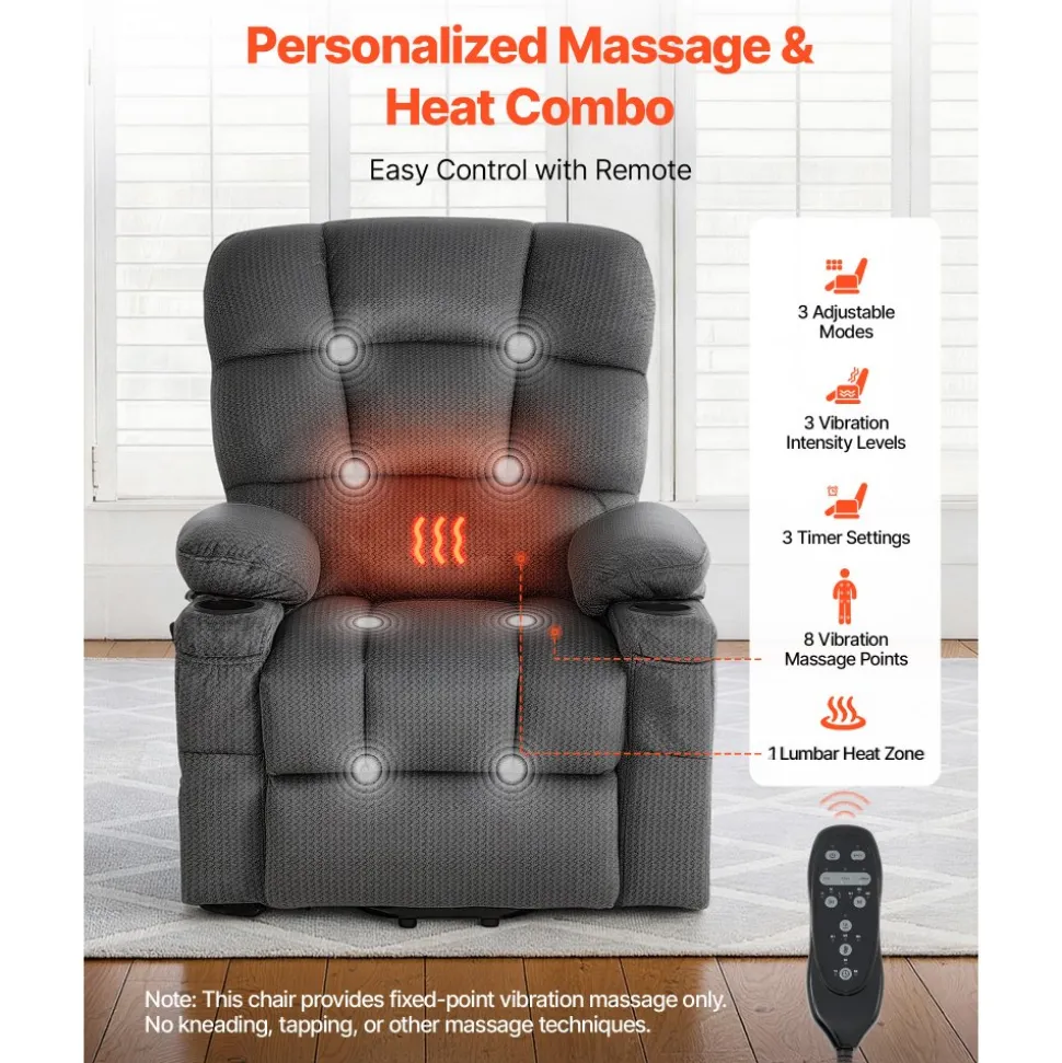 VEVOR Power Lift Recliner Chair, Dual Motor, Large Electric Lift Chair with Heat and Massage for Elderly, Infinite Position Adjustment, Velvet Fabric, with Storage Pockets, Cup Holders, Dark Gray