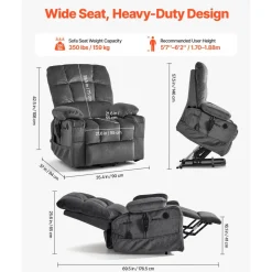 VEVOR Power Lift Recliner Chair, Dual Motor, Large Electric Lift Chair with Heat and Massage for Elderly, Infinite Position Adjustment, Velvet Fabric, with Storage Pockets, Cup Holders, Dark Gray