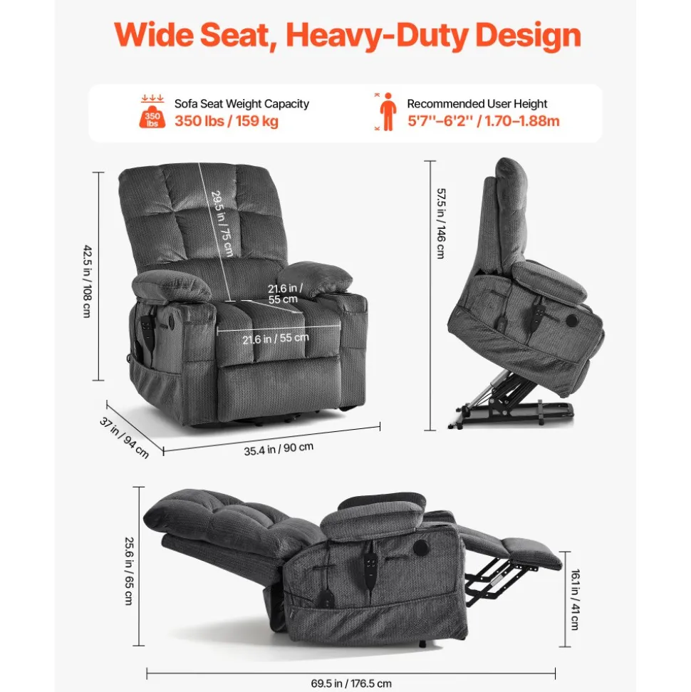 VEVOR Power Lift Recliner Chair, Dual Motor, Large Electric Lift Chair with Heat and Massage for Elderly, Infinite Position Adjustment, Velvet Fabric, with Storage Pockets, Cup Holders, Dark Gray
