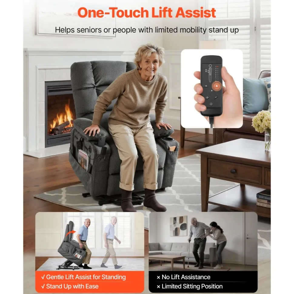 VEVOR Power Lift Recliner Chair, Dual Motor, Large Electric Lift Chair with Heat and Massage for Elderly, Infinite Position Adjustment, Velvet Fabric, with Storage Pockets, Cup Holders, Dark Gray