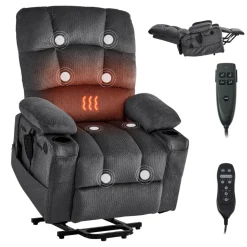 VEVOR Power Lift Recliner Chair, Dual Motor, Large Electric Lift Chair with Heat and Massage for Elderly, Infinite Position Adjustment, Velvet Fabric, with Storage Pockets, Cup Holders, Dark Gray