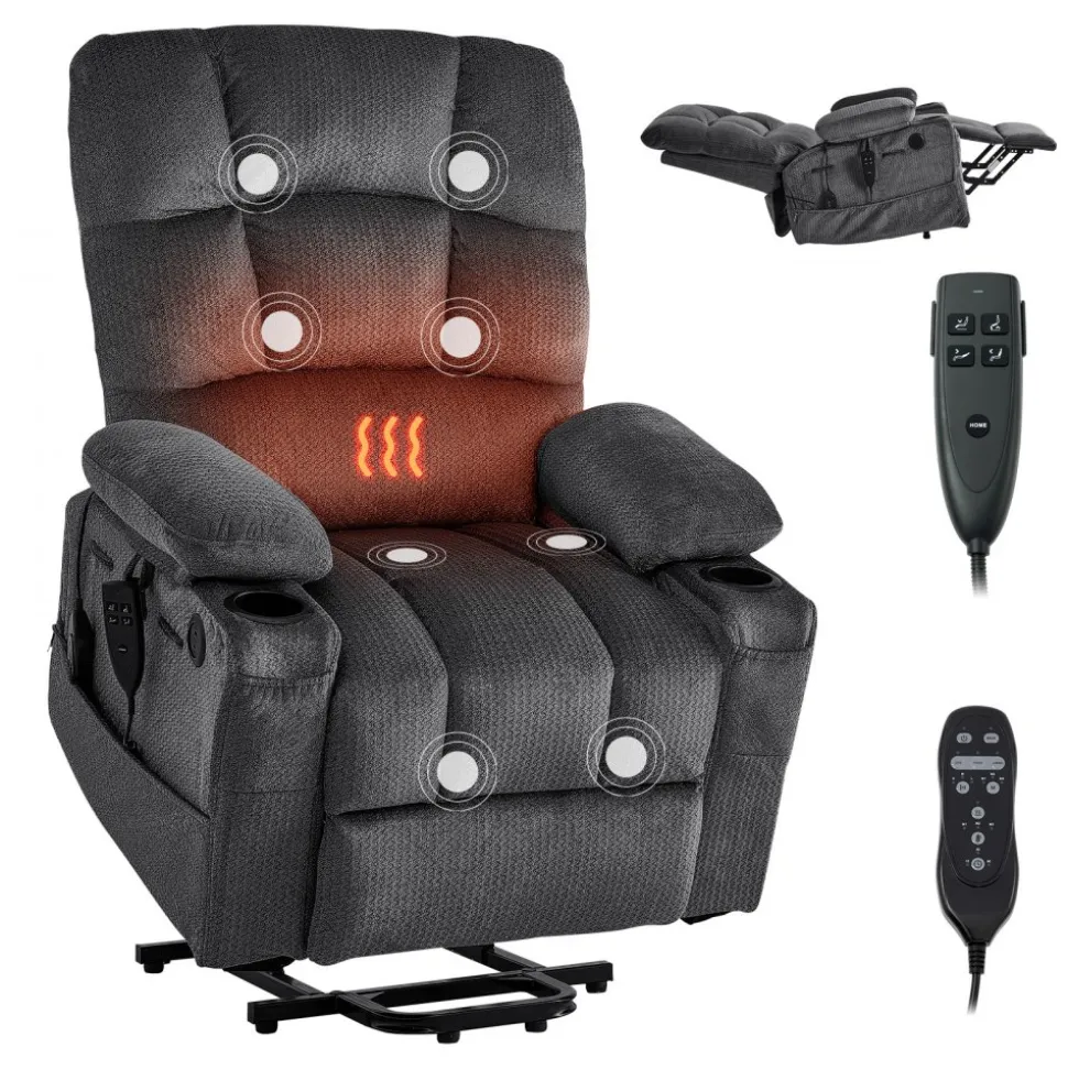 VEVOR Power Lift Recliner Chair, Dual Motor, Large Electric Lift Chair with Heat and Massage for Elderly, Infinite Position Adjustment, Velvet Fabric, with Storage Pockets, Cup Holders, Dark Gray