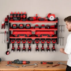 VEVOR Power Tool Organizer Wall Mount, 3-Layer Storage Rack with 4 Drill Holders, Tools Holder and Storage Rack with Side Pegboards, Garage Tool Organizer for Garage, Workbench, and Workshop