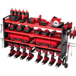 VEVOR Power Tool Organizer Wall Mount, 3-Layer Storage Rack with 4 Drill Holders, Tools Holder and Storage Rack with Side Pegboards, Garage Tool Organizer for Garage, Workbench, and Workshop