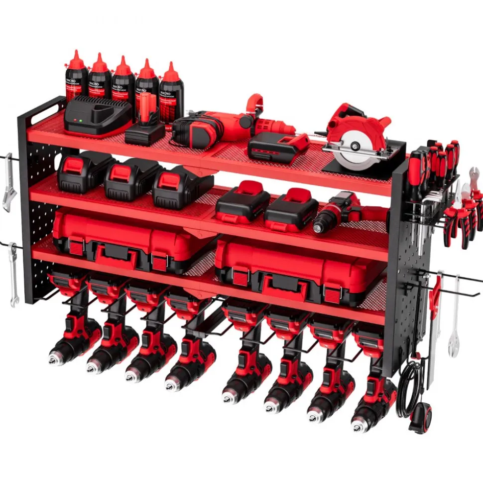 VEVOR Power Tool Organizer Wall Mount, 3-Layer Storage Rack with 4 Drill Holders, Tools Holder and Storage Rack with Side Pegboards, Garage Tool Organizer for Garage, Workbench, and Workshop
