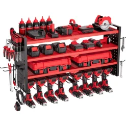 VEVOR Power Tool Organizer Wall Mount, 3-Layer Storage Rack with 4 Drill Holders, Tools Holder and Storage Rack with Side Pegboards, Garage Tool Organizer for Garage, Workbench, and Workshop