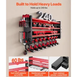 VEVOR Power Tool Organizer Wall Mount, 3-Layer Storage Rack with 4 Drill Holders, Tools Holder and Storage Rack with Side Pegboards, Garage Tool Organizer for Garage, Workbench, and Workshop