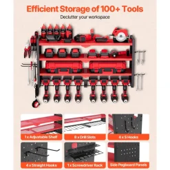 VEVOR Power Tool Organizer Wall Mount, 3-Layer Storage Rack with 4 Drill Holders, Tools Holder and Storage Rack with Side Pegboards, Garage Tool Organizer for Garage, Workbench, and Workshop