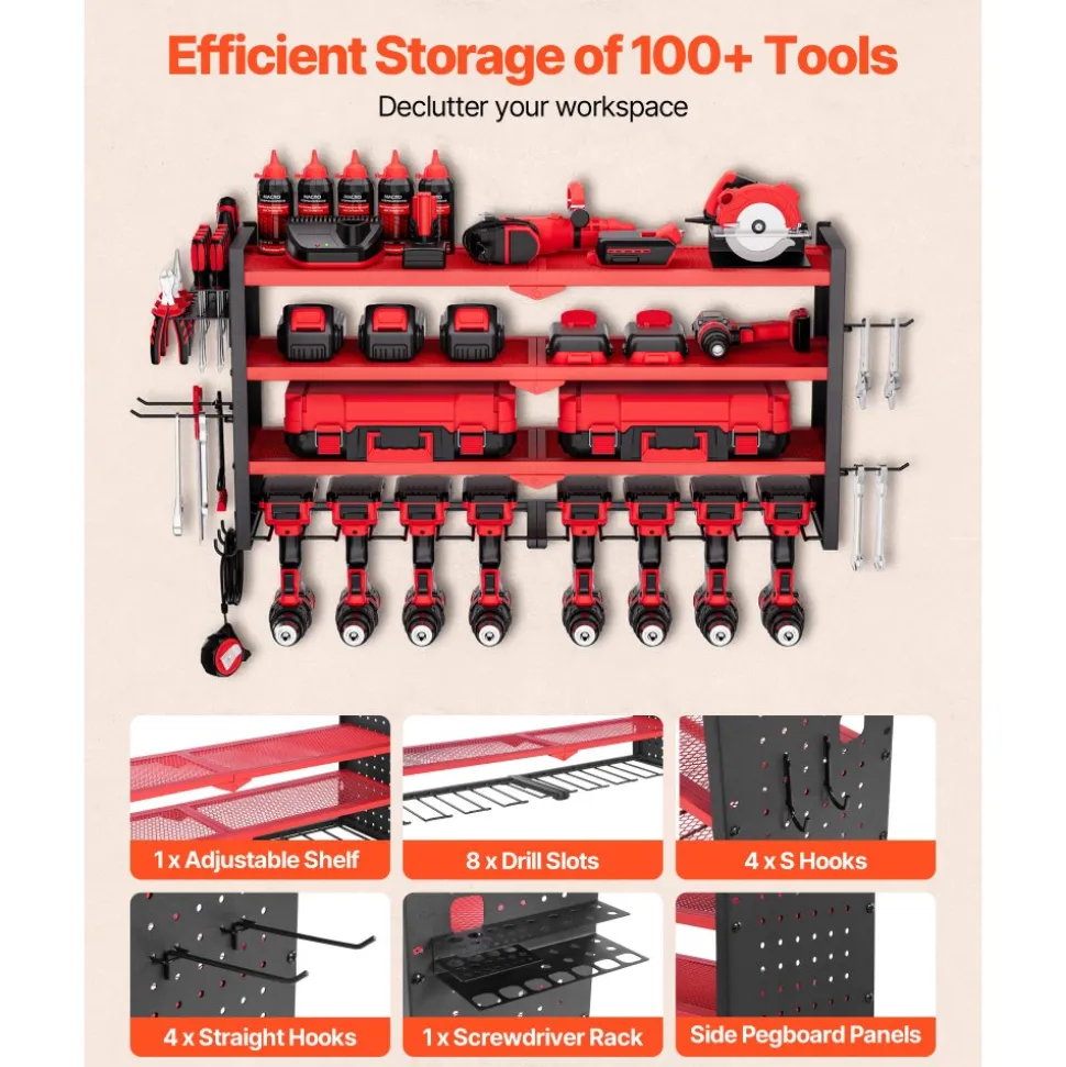VEVOR Power Tool Organizer Wall Mount, 3-Layer Storage Rack with 4 Drill Holders, Tools Holder and Storage Rack with Side Pegboards, Garage Tool Organizer for Garage, Workbench, and Workshop