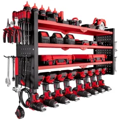 VEVOR Power Tool Organizer Wall Mount, 3-Layer Storage Rack with 4 Drill Holders, Tools Holder and Storage Rack with Side Pegboards, Garage Tool Organizer for Garage, Workbench, and Workshop