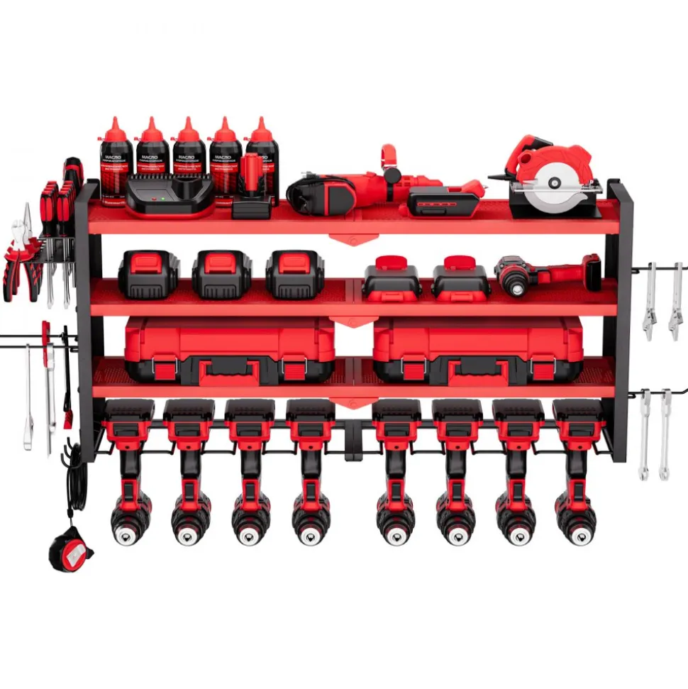 VEVOR Power Tool Organizer Wall Mount, 3-Layer Storage Rack with 4 Drill Holders, Tools Holder and Storage Rack with Side Pegboards, Garage Tool Organizer for Garage, Workbench, and Workshop