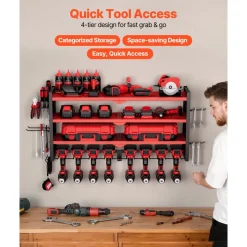 VEVOR Power Tool Organizer Wall Mount, 3-Layer Storage Rack with 4 Drill Holders, Tools Holder and Storage Rack with Side Pegboards, Garage Tool Organizer for Garage, Workbench, and Workshop