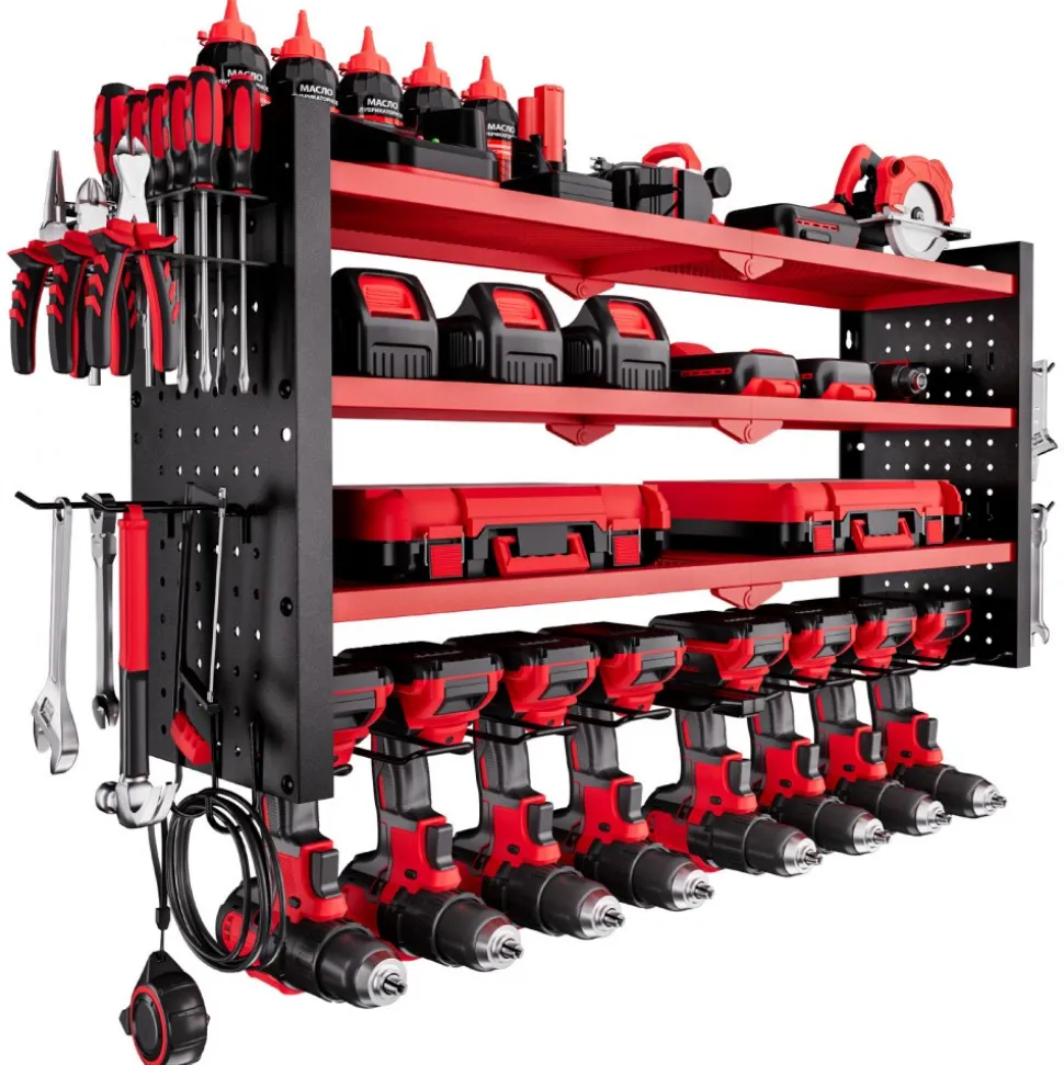 VEVOR Power Tool Organizer Wall Mount, 3-Layer Storage Rack with 4 Drill Holders, Tools Holder and Storage Rack with Side Pegboards, Garage Tool Organizer for Garage, Workbench, and Workshop