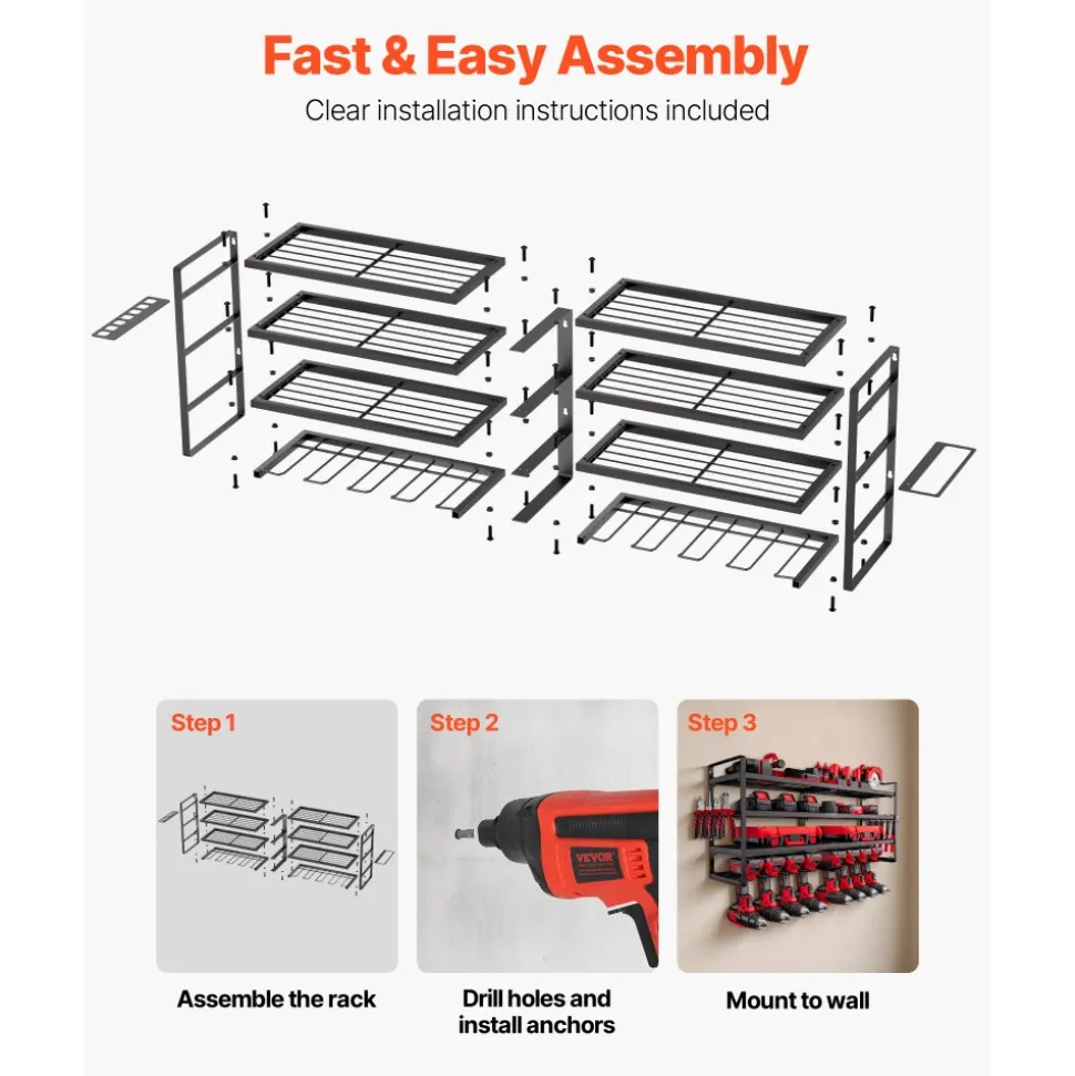 VEVOR Power Tool Organizer Wall Mount, 4-Layer Storage Rack with 8 Drill Holders, Tools Holder and Storage Rack with Screwdriver Holder, Garage Tool Organizer for Garage, Workbench, and Workshop