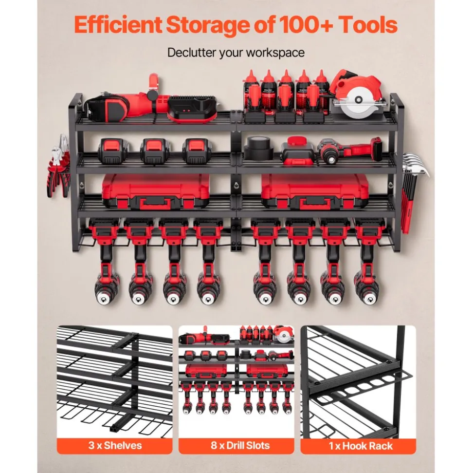 VEVOR Power Tool Organizer Wall Mount, 4-Layer Storage Rack with 8 Drill Holders, Tools Holder and Storage Rack with Screwdriver Holder, Garage Tool Organizer for Garage, Workbench, and Workshop