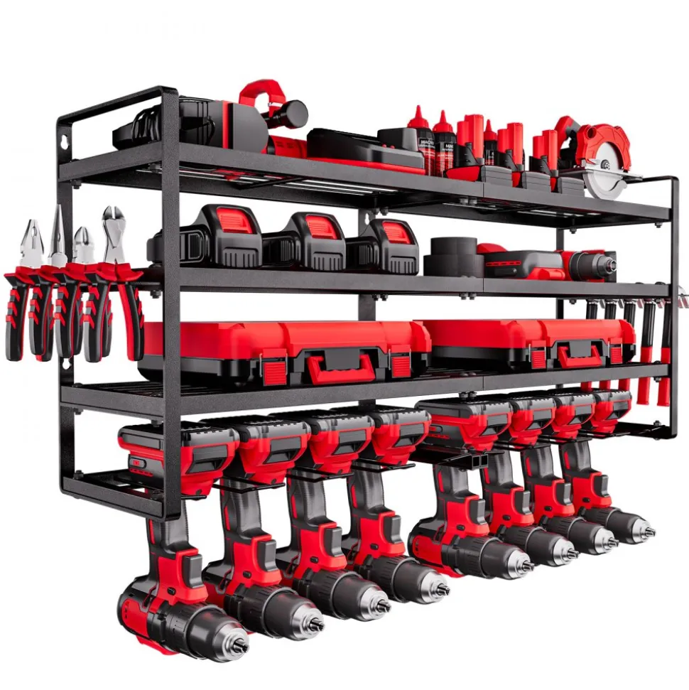 VEVOR Power Tool Organizer Wall Mount, 4-Layer Storage Rack with 8 Drill Holders, Tools Holder and Storage Rack with Screwdriver Holder, Garage Tool Organizer for Garage, Workbench, and Workshop