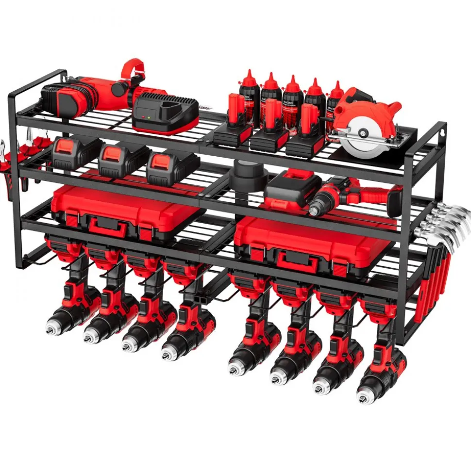 VEVOR Power Tool Organizer Wall Mount, 4-Layer Storage Rack with 8 Drill Holders, Tools Holder and Storage Rack with Screwdriver Holder, Garage Tool Organizer for Garage, Workbench, and Workshop