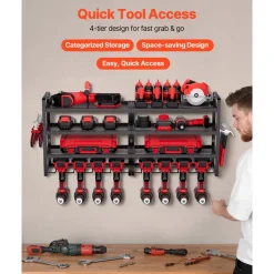 VEVOR Power Tool Organizer Wall Mount, 4-Layer Storage Rack with 8 Drill Holders, Tools Holder and Storage Rack with Screwdriver Holder, Garage Tool Organizer for Garage, Workbench, and Workshop