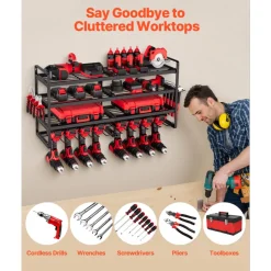 VEVOR Power Tool Organizer Wall Mount, 4-Layer Storage Rack with 8 Drill Holders, Tools Holder and Storage Rack with Screwdriver Holder, Garage Tool Organizer for Garage, Workbench, and Workshop