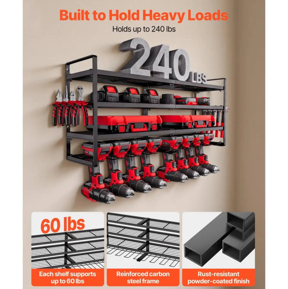VEVOR Power Tool Organizer Wall Mount, 4-Layer Storage Rack with 8 Drill Holders, Tools Holder and Storage Rack with Screwdriver Holder, Garage Tool Organizer for Garage, Workbench, and Workshop