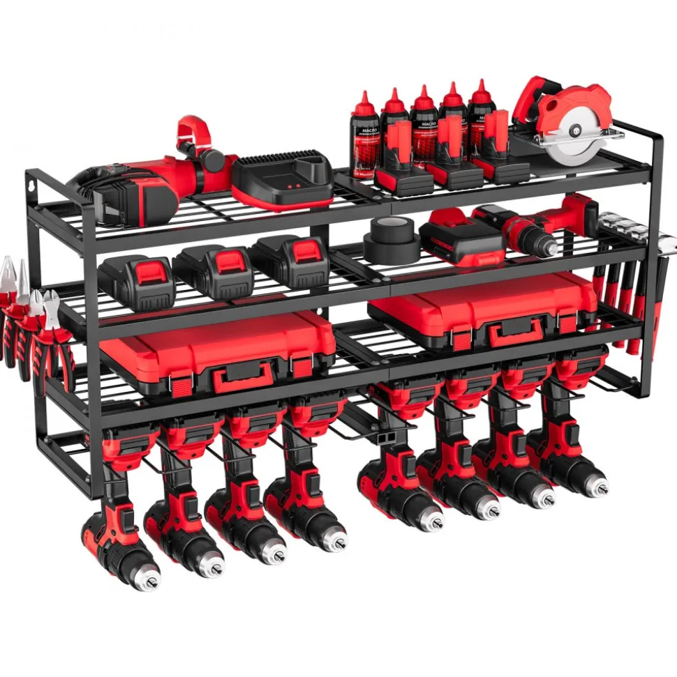 VEVOR Power Tool Organizer Wall Mount, 4-Layer Storage Rack with 8 Drill Holders, Tools Holder and Storage Rack with Screwdriver Holder, Garage Tool Organizer for Garage, Workbench, and Workshop