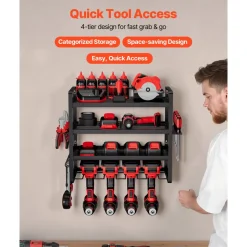 VEVOR Power Tool Organizer Wall Mount, 4-Layer Storage Rack with 4 Drill Holders, Tools Holder and Storage Rack with Screwdriver Holder, Garage Tool Organizer for Garage, Workbench, and Workshop