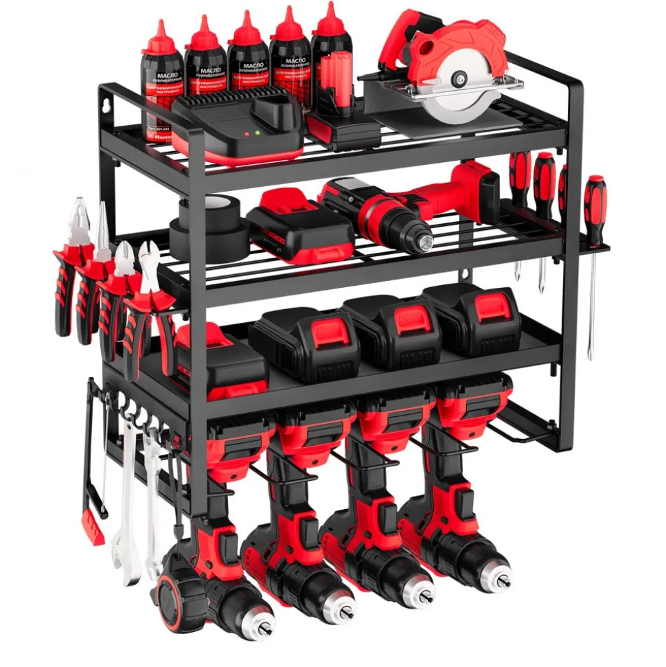 VEVOR Power Tool Organizer Wall Mount, 4-Layer Storage Rack with 4 Drill Holders, Tools Holder and Storage Rack with Screwdriver Holder, Garage Tool Organizer for Garage, Workbench, and Workshop