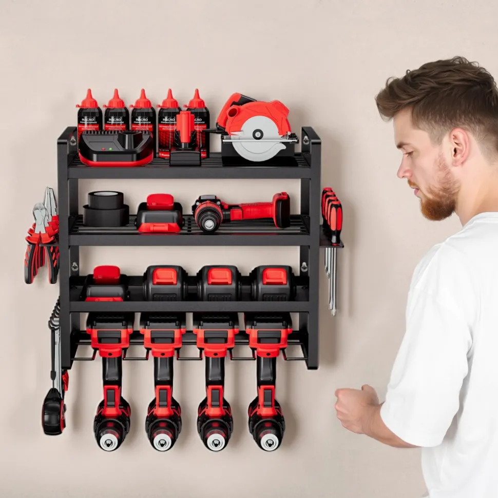 VEVOR Power Tool Organizer Wall Mount, 4-Layer Storage Rack with 4 Drill Holders, Tools Holder and Storage Rack with Screwdriver Holder, Garage Tool Organizer for Garage, Workbench, and Workshop