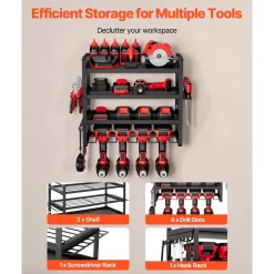 VEVOR Power Tool Organizer Wall Mount, 4-Layer Storage Rack with 4 Drill Holders, Tools Holder and Storage Rack with Screwdriver Holder, Garage Tool Organizer for Garage, Workbench, and Workshop