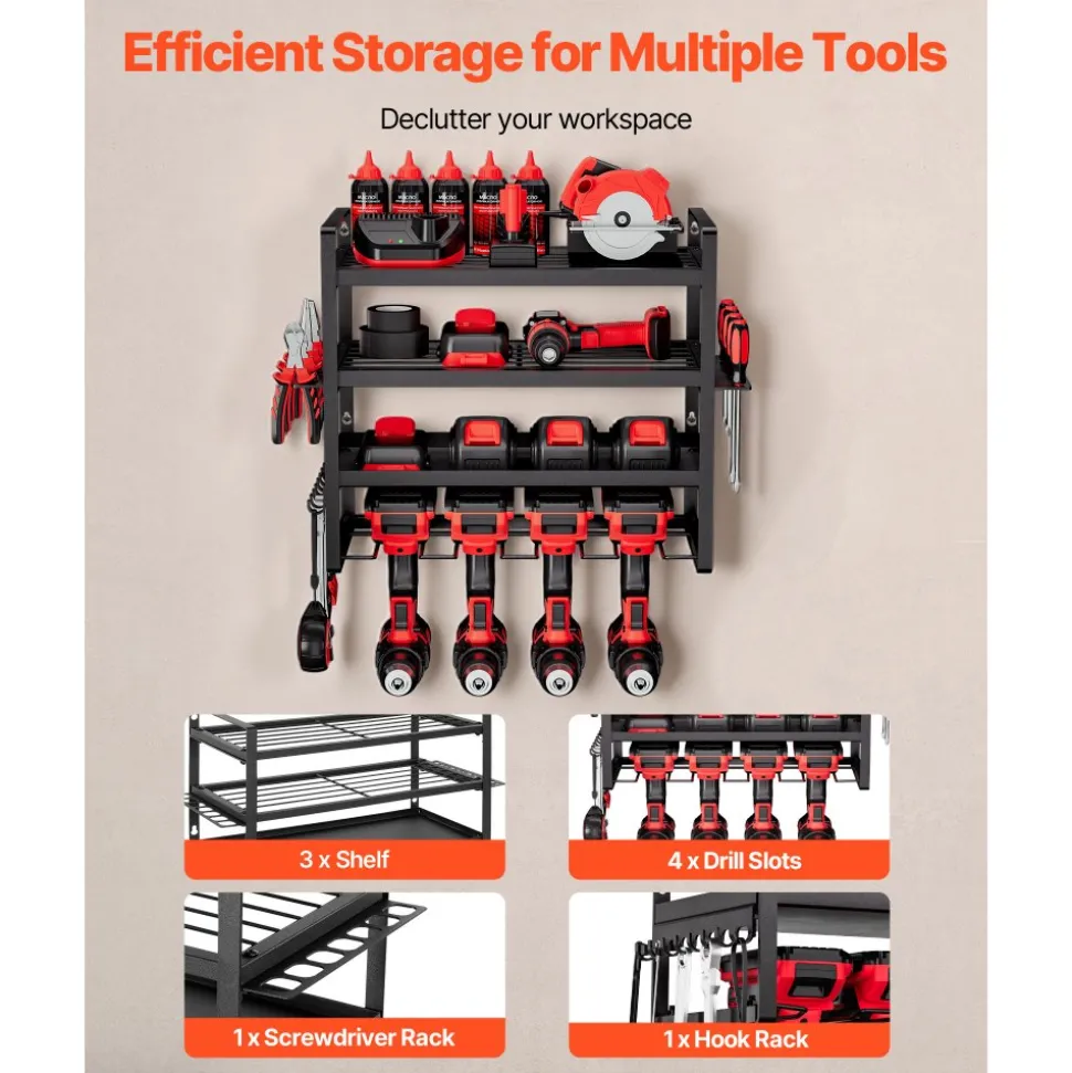 VEVOR Power Tool Organizer Wall Mount, 4-Layer Storage Rack with 4 Drill Holders, Tools Holder and Storage Rack with Screwdriver Holder, Garage Tool Organizer for Garage, Workbench, and Workshop