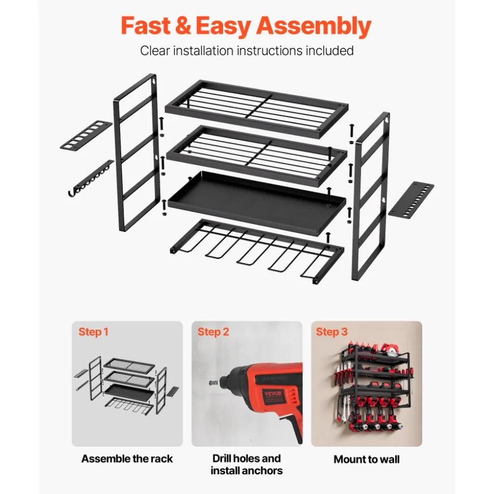 VEVOR Power Tool Organizer Wall Mount, 4-Layer Storage Rack with 4 Drill Holders, Tools Holder and Storage Rack with Screwdriver Holder, Garage Tool Organizer for Garage, Workbench, and Workshop