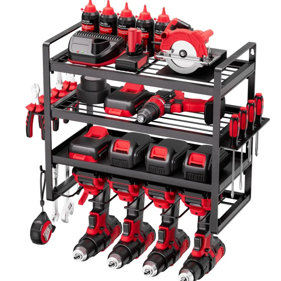 VEVOR Power Tool Organizer Wall Mount, 4-Layer Storage Rack with 4 Drill Holders, Tools Holder and Storage Rack with Screwdriver Holder, Garage Tool Organizer for Garage, Workbench, and Workshop