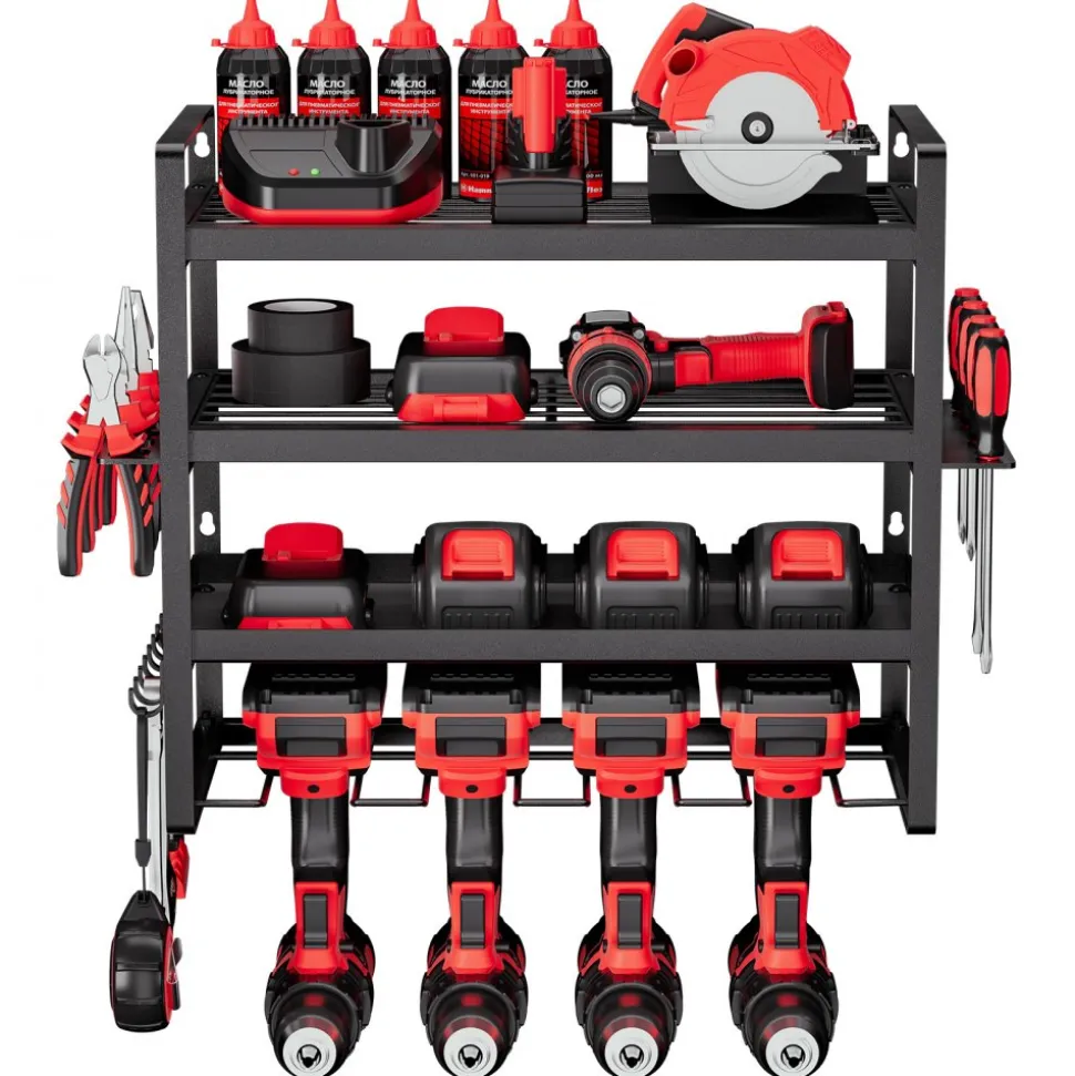 VEVOR Power Tool Organizer Wall Mount, 4-Layer Storage Rack with 4 Drill Holders, Tools Holder and Storage Rack with Screwdriver Holder, Garage Tool Organizer for Garage, Workbench, and Workshop