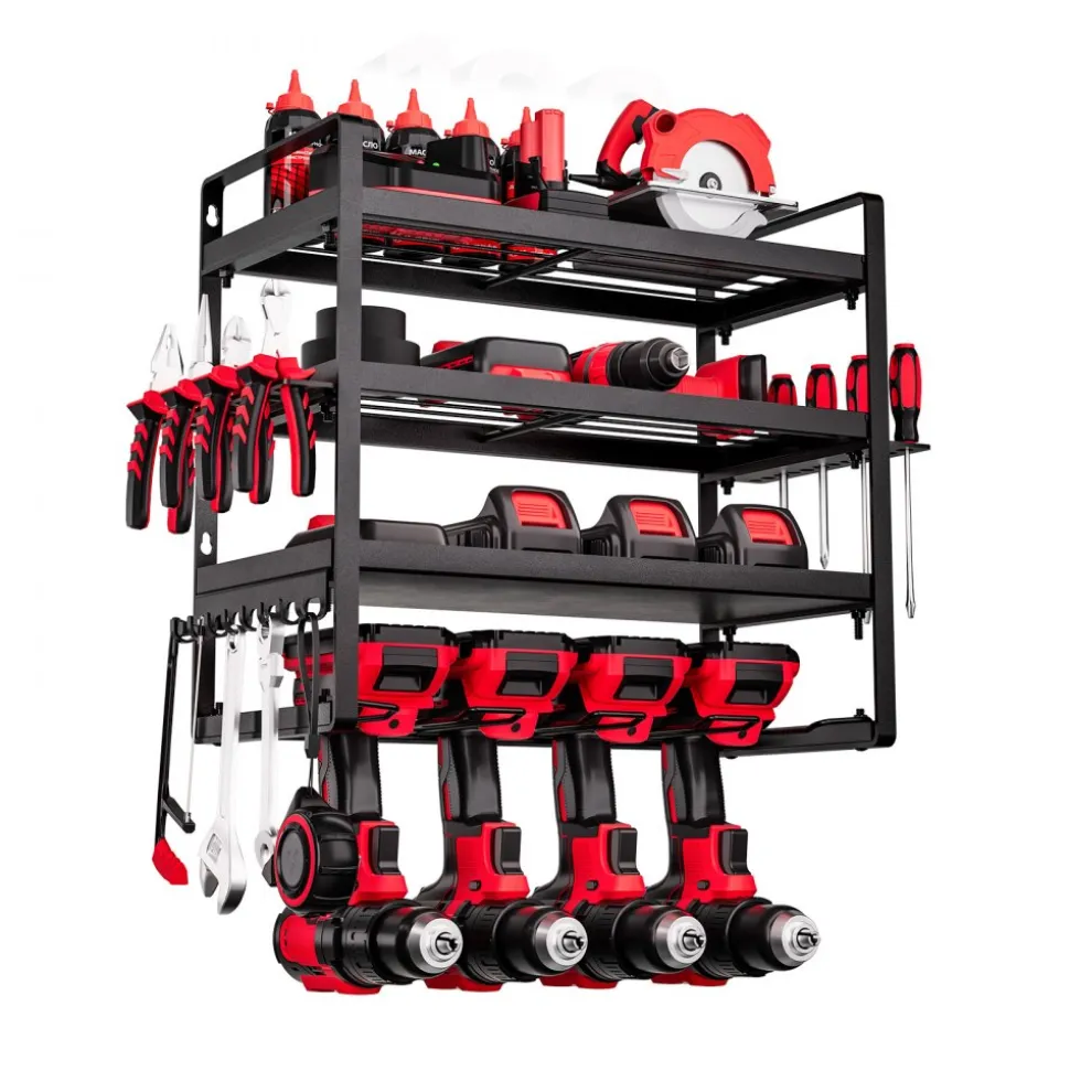 VEVOR Power Tool Organizer Wall Mount, 4-Layer Storage Rack with 4 Drill Holders, Tools Holder and Storage Rack with Screwdriver Holder, Garage Tool Organizer for Garage, Workbench, and Workshop