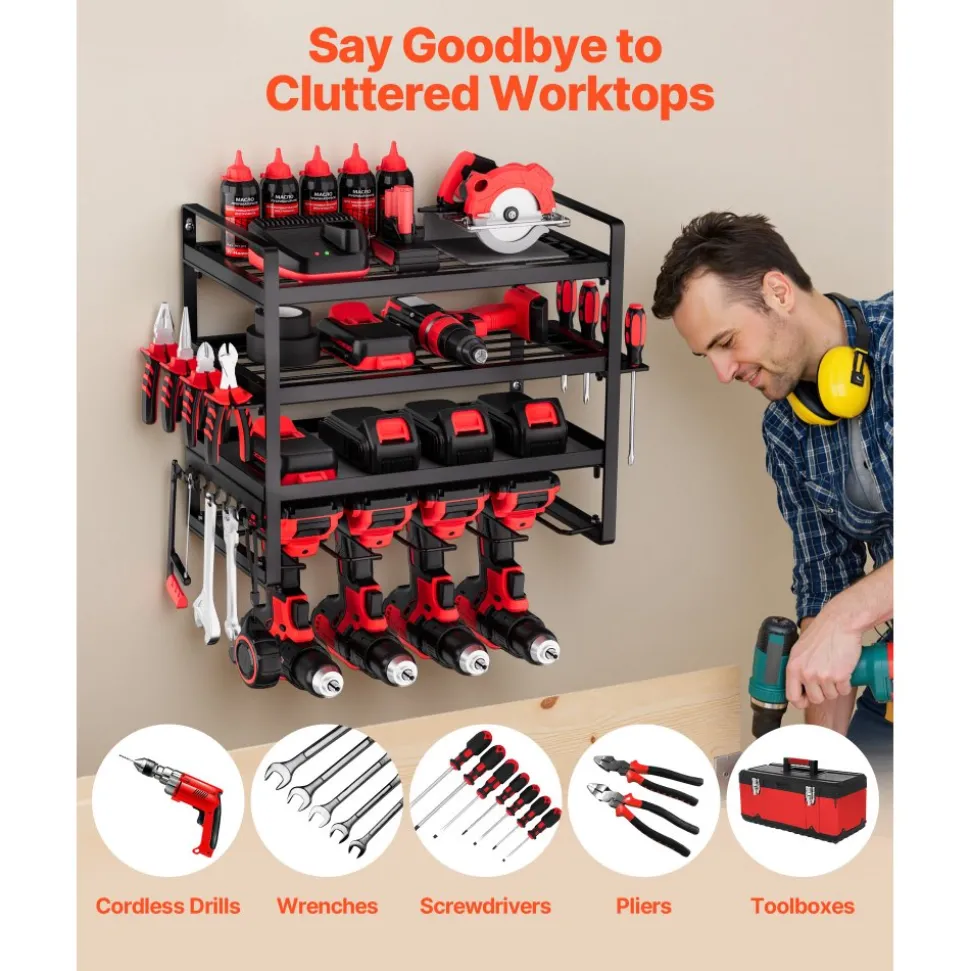 VEVOR Power Tool Organizer Wall Mount, 4-Layer Storage Rack with 4 Drill Holders, Tools Holder and Storage Rack with Screwdriver Holder, Garage Tool Organizer for Garage, Workbench, and Workshop