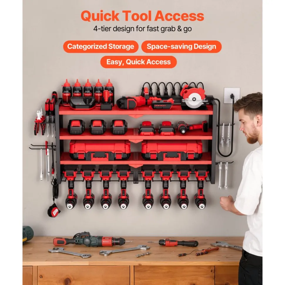 VEVOR Power Tool Organizer with Charging Station, 4-Layer Drill Storage Rack with 8 Drill Holders & Side Pegboard, Garage Tool Organizer Built in 8 Outlet Power Strips for Garage, Workbench, Workshop