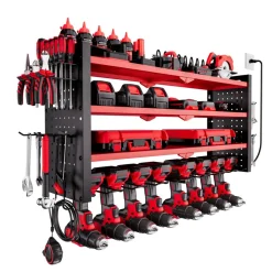 VEVOR Power Tool Organizer with Charging Station, 4-Layer Drill Storage Rack with 8 Drill Holders & Side Pegboard, Garage Tool Organizer Built in 8 Outlet Power Strips for Garage, Workbench, Workshop