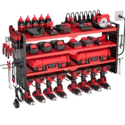 VEVOR Power Tool Organizer with Charging Station, 4-Layer Drill Storage Rack with 8 Drill Holders & Side Pegboard, Garage Tool Organizer Built in 8 Outlet Power Strips for Garage, Workbench, Workshop