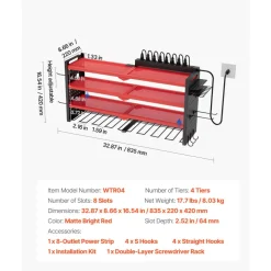 VEVOR Power Tool Organizer with Charging Station, 4-Layer Drill Storage Rack with 8 Drill Holders & Side Pegboard, Garage Tool Organizer Built in 8 Outlet Power Strips for Garage, Workbench, Workshop
