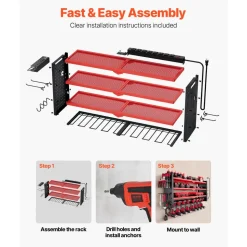 VEVOR Power Tool Organizer with Charging Station, 4-Layer Drill Storage Rack with 8 Drill Holders & Side Pegboard, Garage Tool Organizer Built in 8 Outlet Power Strips for Garage, Workbench, Workshop