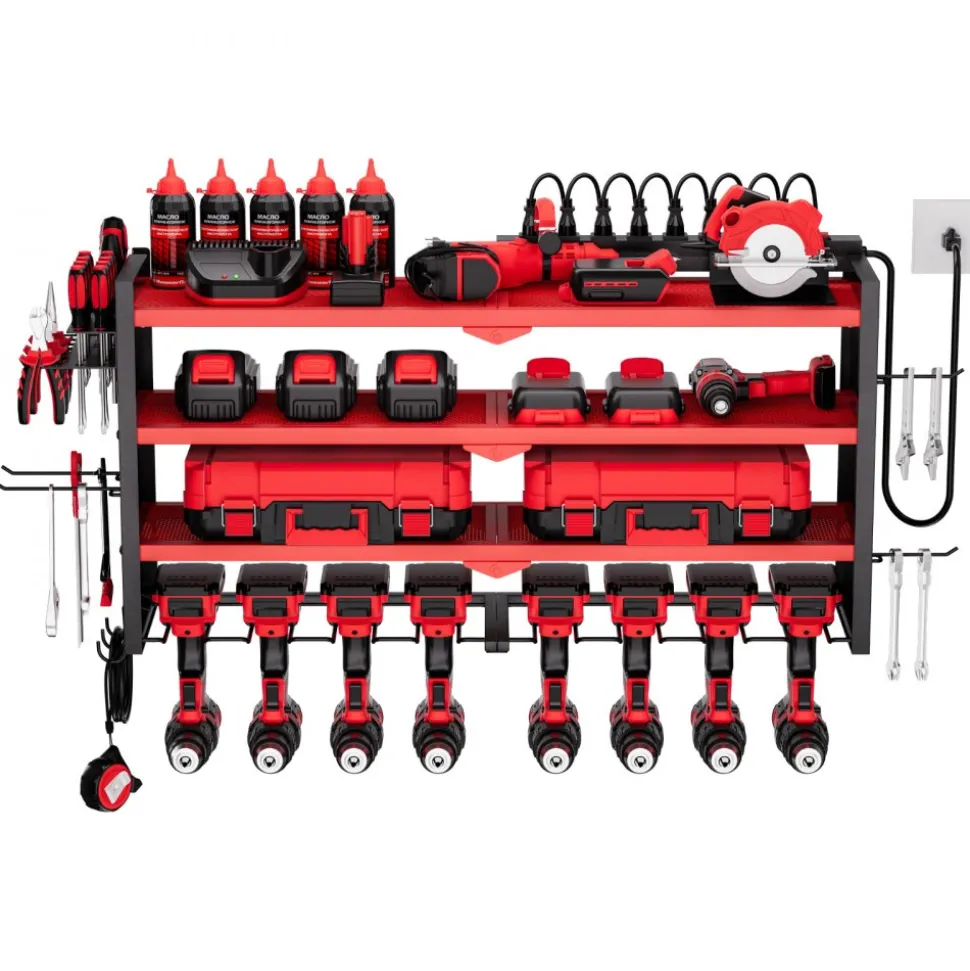 VEVOR Power Tool Organizer with Charging Station, 4-Layer Drill Storage Rack with 8 Drill Holders & Side Pegboard, Garage Tool Organizer Built in 8 Outlet Power Strips for Garage, Workbench, Workshop