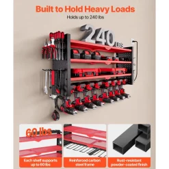VEVOR Power Tool Organizer with Charging Station, 4-Layer Drill Storage Rack with 8 Drill Holders & Side Pegboard, Garage Tool Organizer Built in 8 Outlet Power Strips for Garage, Workbench, Workshop