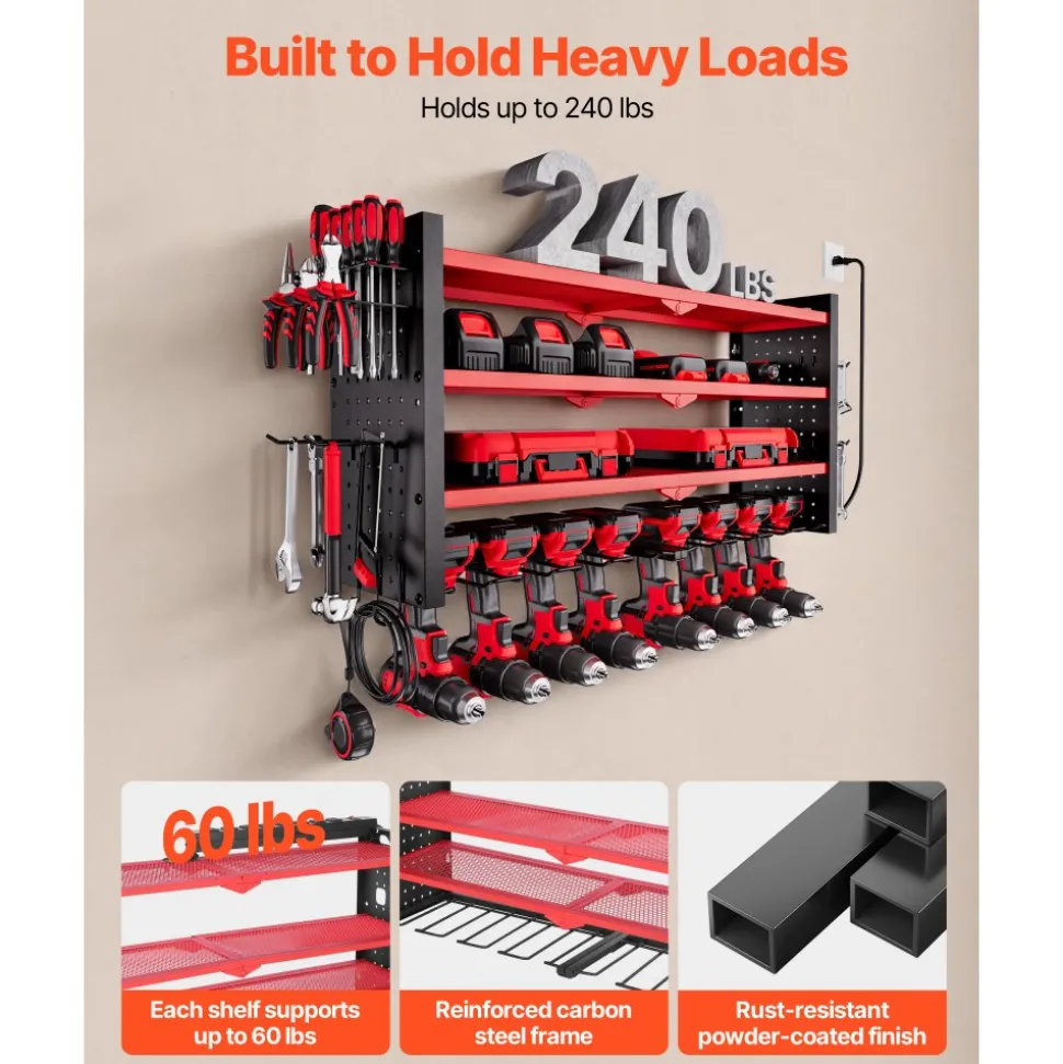 VEVOR Power Tool Organizer with Charging Station, 4-Layer Drill Storage Rack with 8 Drill Holders & Side Pegboard, Garage Tool Organizer Built in 8 Outlet Power Strips for Garage, Workbench, Workshop