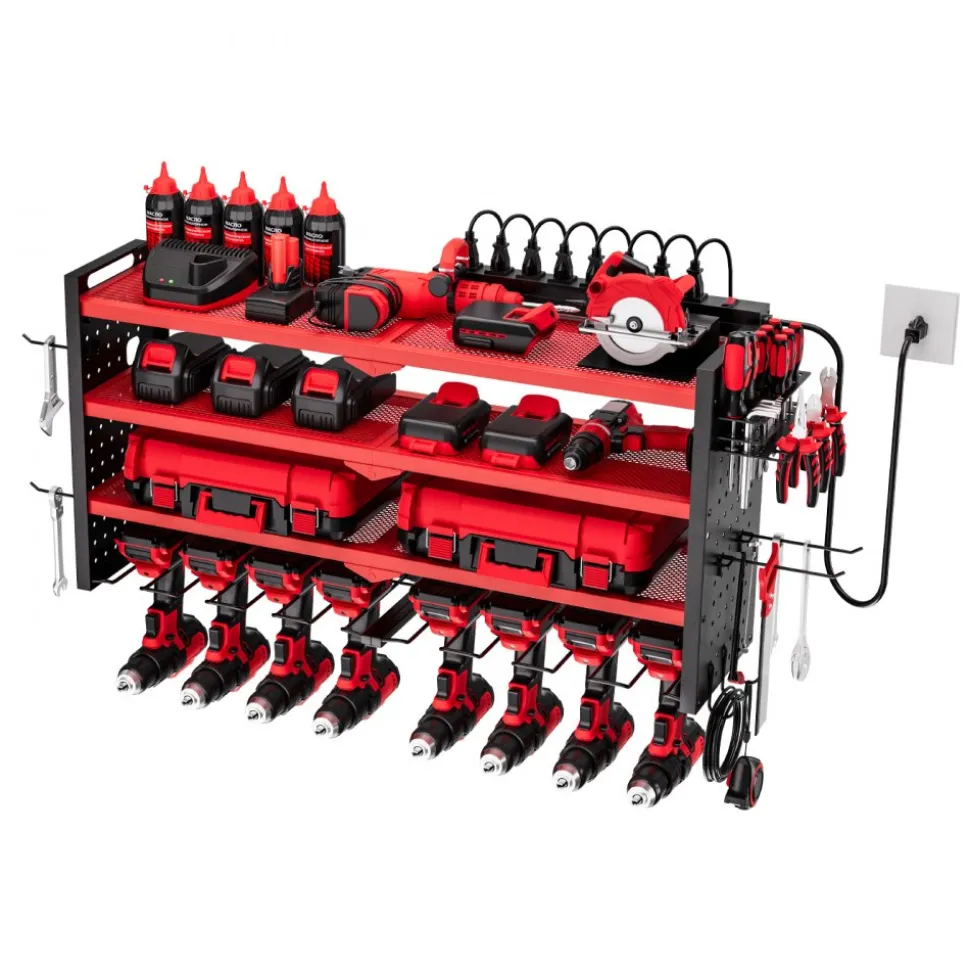 VEVOR Power Tool Organizer with Charging Station, 4-Layer Drill Storage Rack with 8 Drill Holders & Side Pegboard, Garage Tool Organizer Built in 8 Outlet Power Strips for Garage, Workbench, Workshop