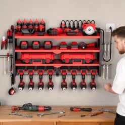 VEVOR Power Tool Organizer with Charging Station, 4-Layer Drill Storage Rack with 8 Drill Holders & Side Pegboard, Garage Tool Organizer Built in 8 Outlet Power Strips for Garage, Workbench, Workshop