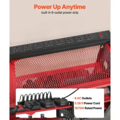 VEVOR Power Tool Organizer with Charging Station, 4-Layer Drill Storage Rack with 8 Drill Holders & Side Pegboard, Garage Tool Organizer Built in 8 Outlet Power Strips for Garage, Workbench, Workshop