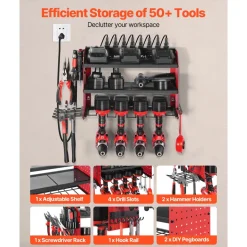 VEVOR Power Tool Organizer with Charging Station, 3-Layer Drill Storage Rack with 4 Drill Holders & Side Pegboard, Garage Tool Organizer Built in 8 Outlet Power Strips for Garage, Workbench, Workshop