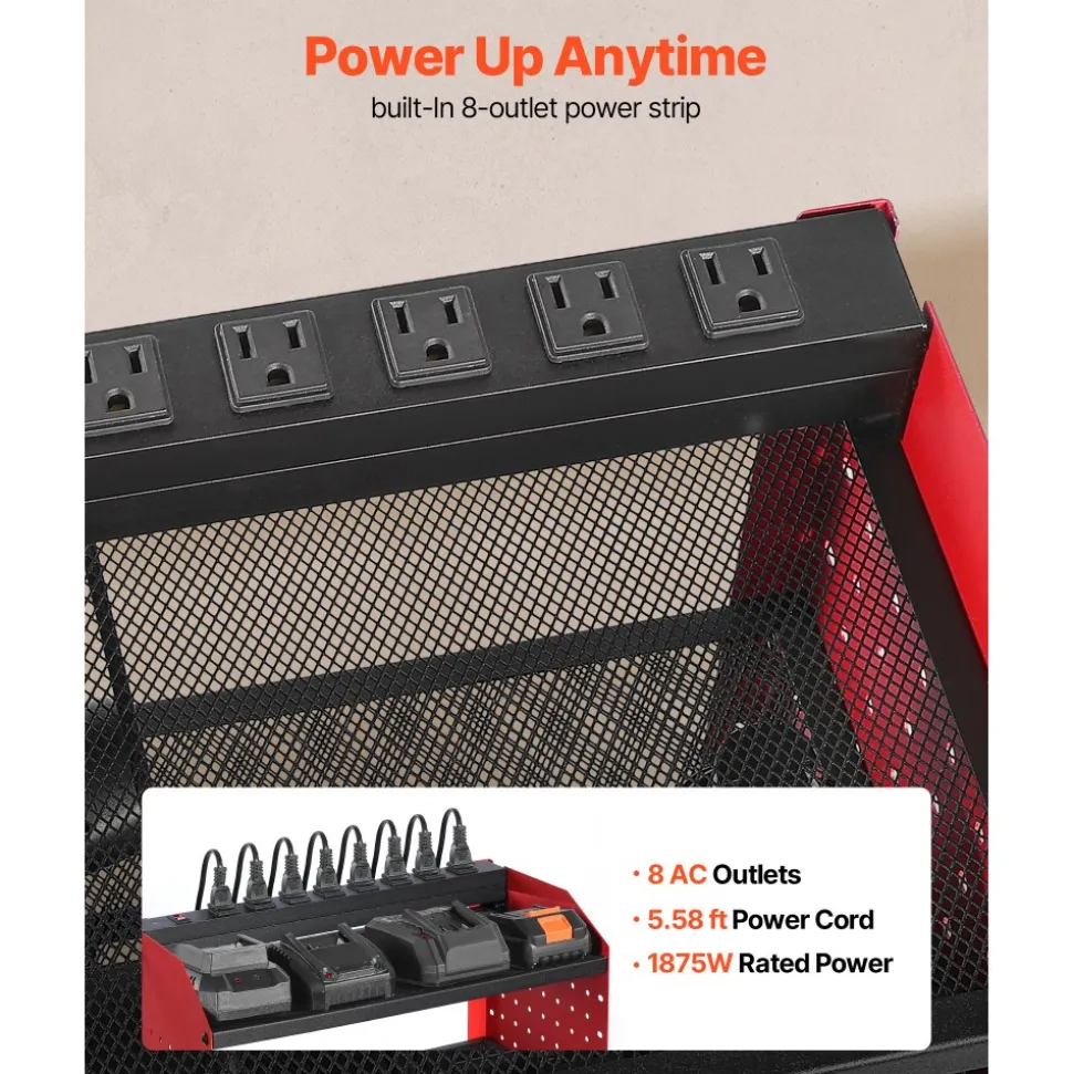 VEVOR Power Tool Organizer with Charging Station, 3-Layer Drill Storage Rack with 4 Drill Holders & Side Pegboard, Garage Tool Organizer Built in 8 Outlet Power Strips for Garage, Workbench, Workshop